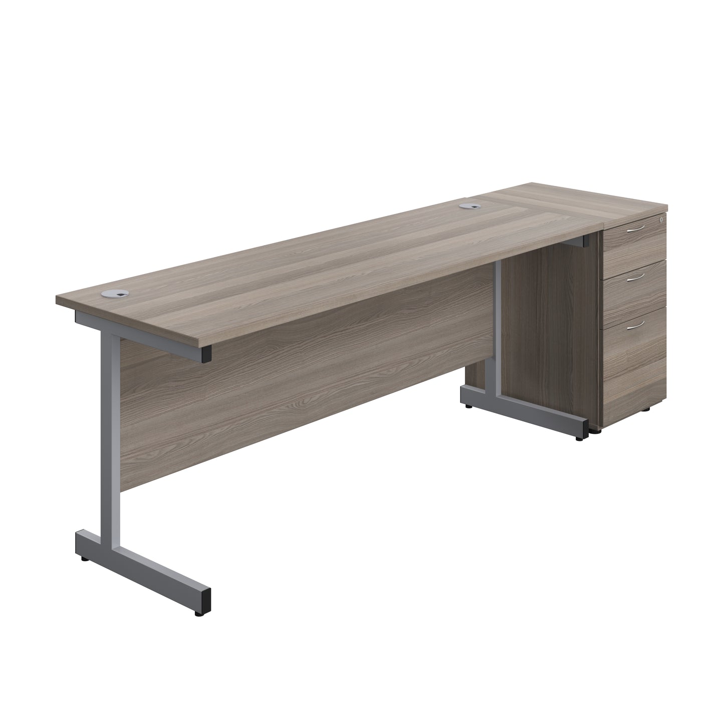 Aztec|Single Upright|Rectangular|Desk and Desk High 3 Drawer Pedestal|1800x600|Grey Oak-Silver