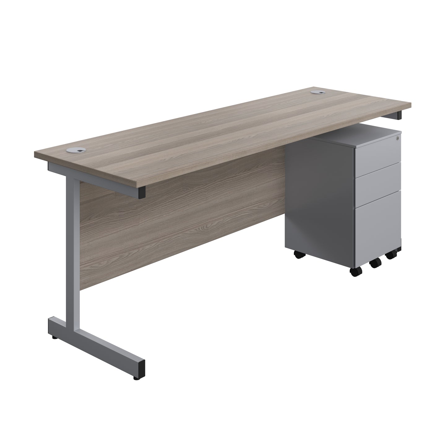 Aztec|Single Upright|Rectangular|Desk and Under Desk Steel Pedestal 3 Drawer|1800x600|Grey Oak-Silver