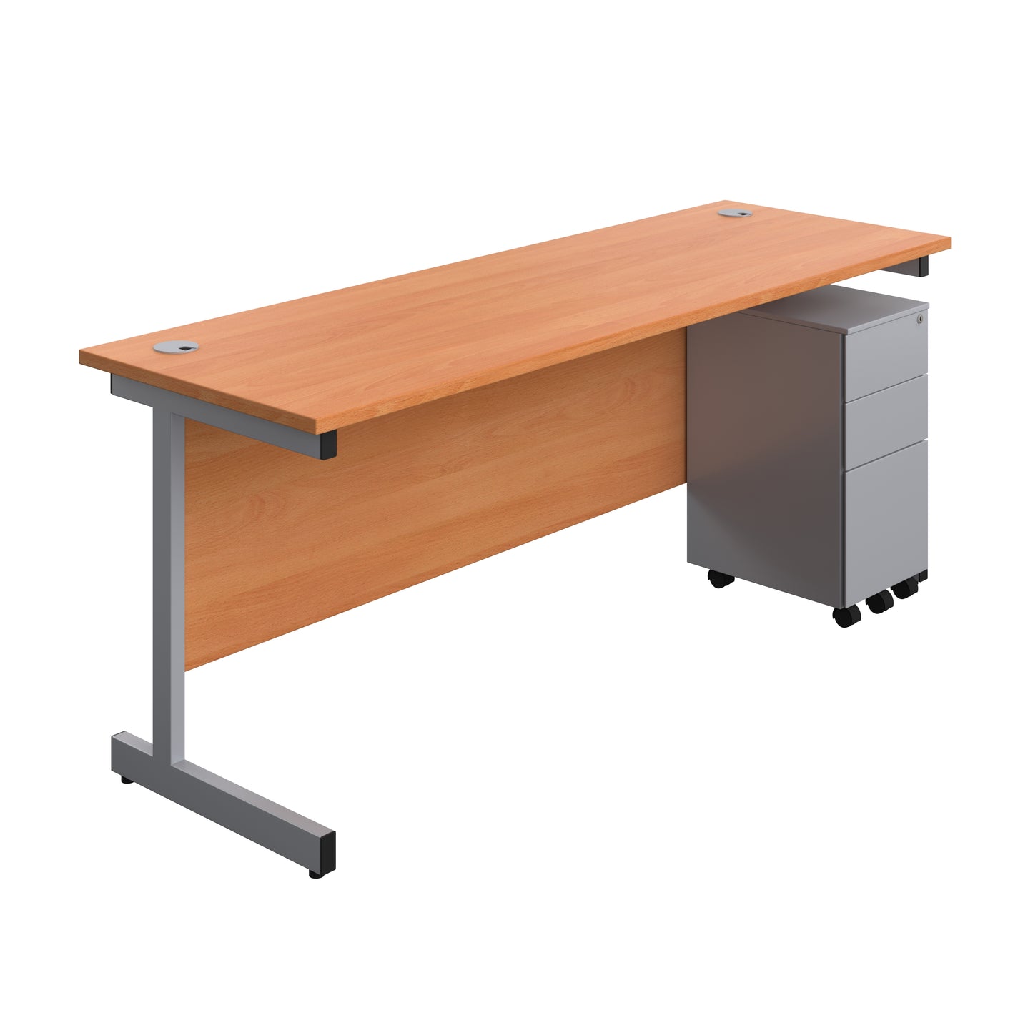 Aztec|Single Upright|Rectangular|Desk and Slimline Steel Pedestal 3 Drawer|1800x600|Beech-Silver