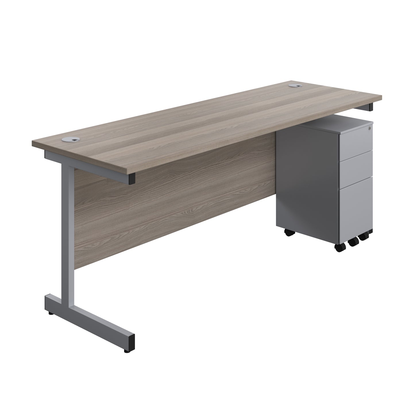 Aztec|Single Upright|Rectangular|Desk and Slimline Steel Pedestal 3 Drawer|1800x600|Grey Oak-Silver