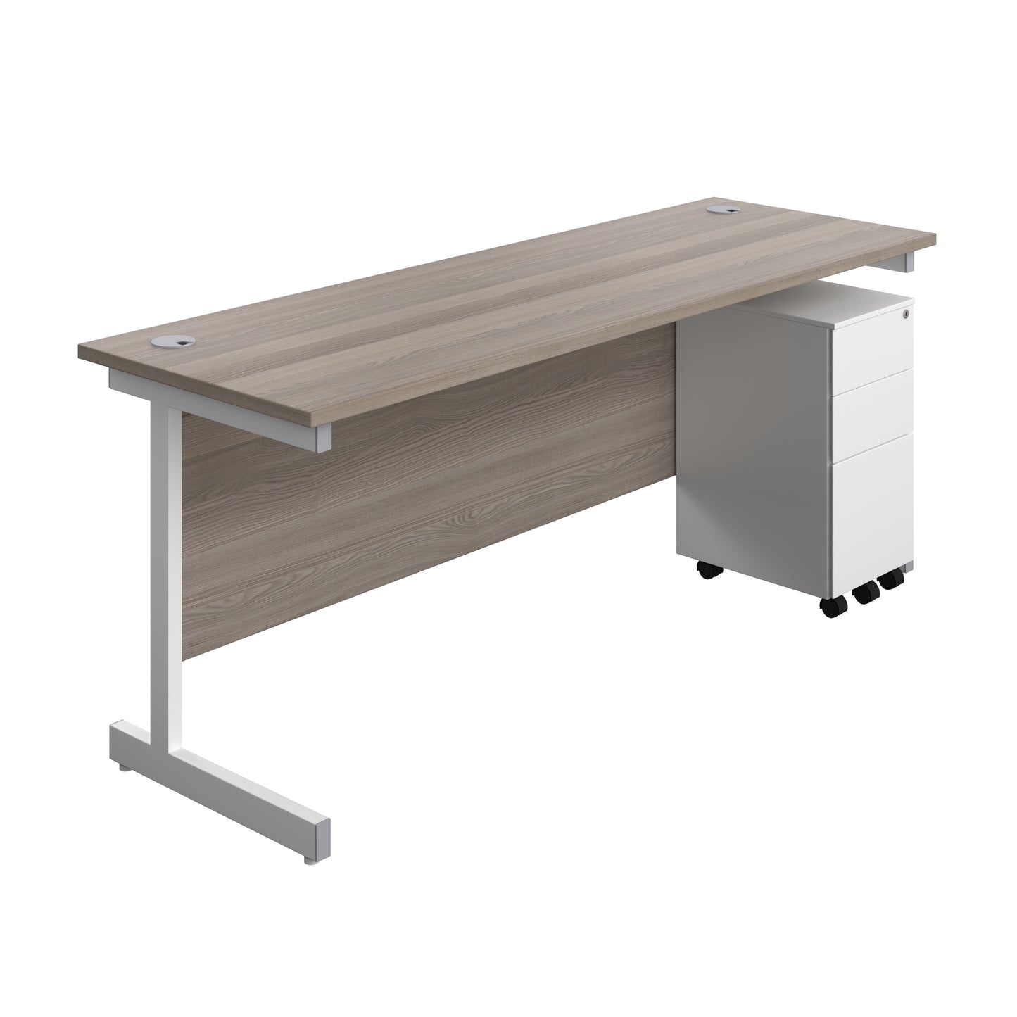 Aztec|Single Upright|Rectangular|Desk and Slimline Steel Pedestal 3 Drawer|1800x600|Grey Oak-White