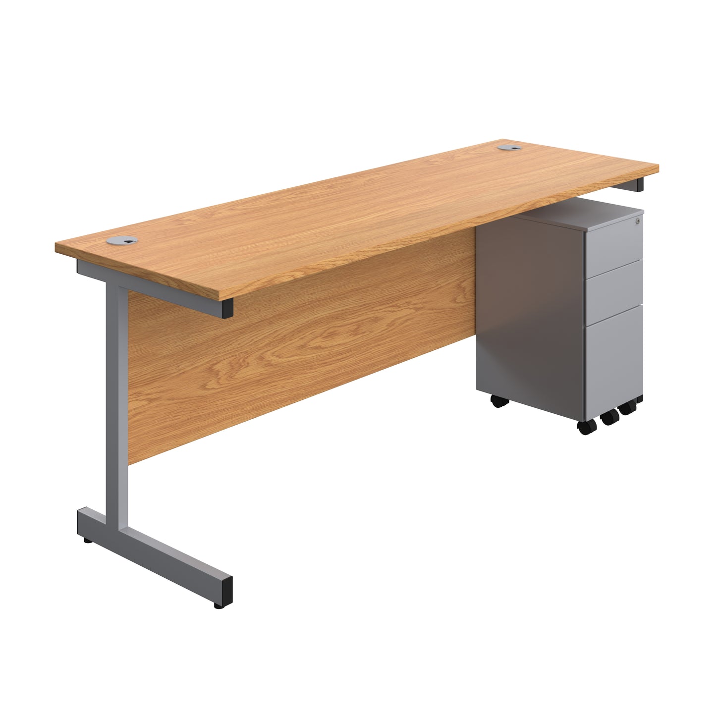 Aztec|Single Upright|Rectangular|Desk and Slimline Steel Pedestal 3 Drawer|1800x600|Nova Oak-Silver