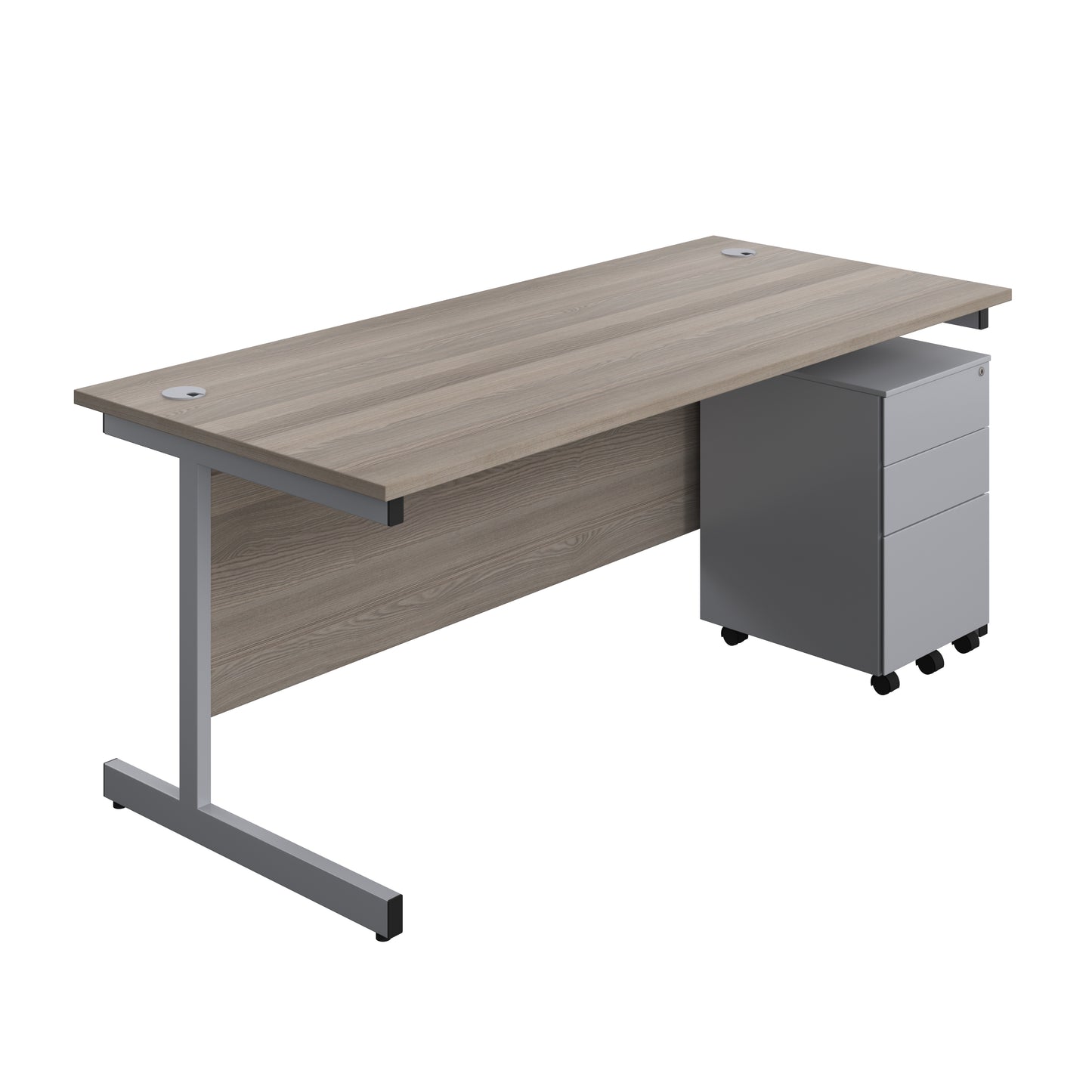 Aztec|Single Upright|Rectangular|Desk and Under Desk Steel Pedestal 3 Drawer|1800x800|Grey Oak-Silver