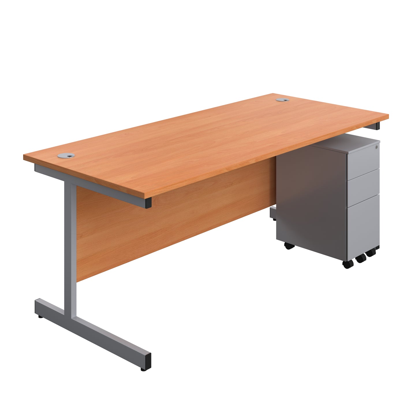 Aztec|Single Upright|Rectangular|Desk and Slimline Steel Pedestal 3 Drawer|1800x800|Beech-Silver