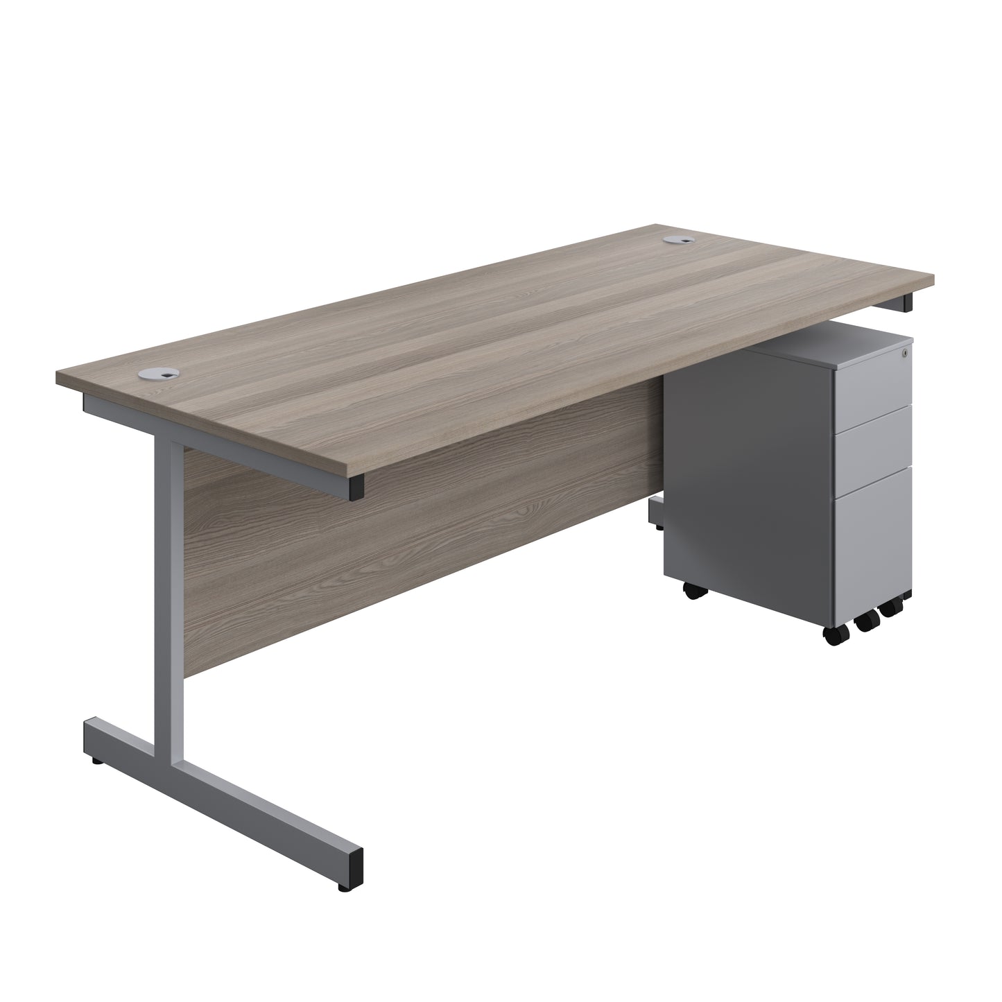 Aztec|Single Upright|Rectangular|Desk and Slimline Steel Pedestal 3 Drawer|1800x800|Grey Oak-Silver