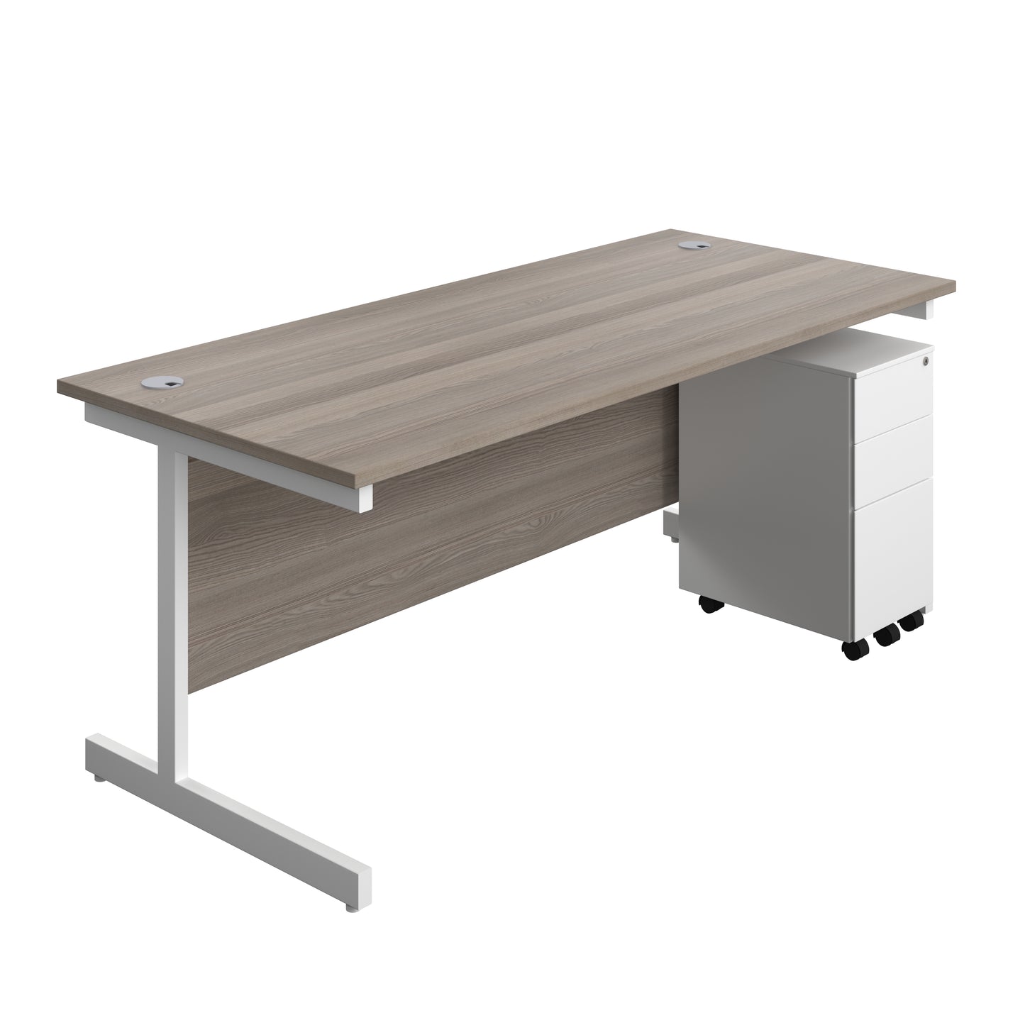 Aztec|Single Upright|Rectangular|Desk and Slimline Steel Pedestal 3 Drawer|1800x800|Grey Oak-White