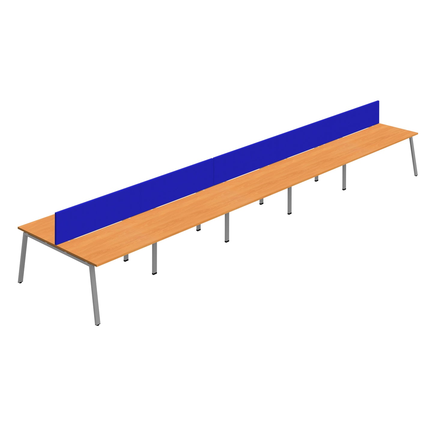 Synergy|10P Bench Desk|Cut Out|A-Frame|1200x800|Beech-Silver|Royal Blue Screen