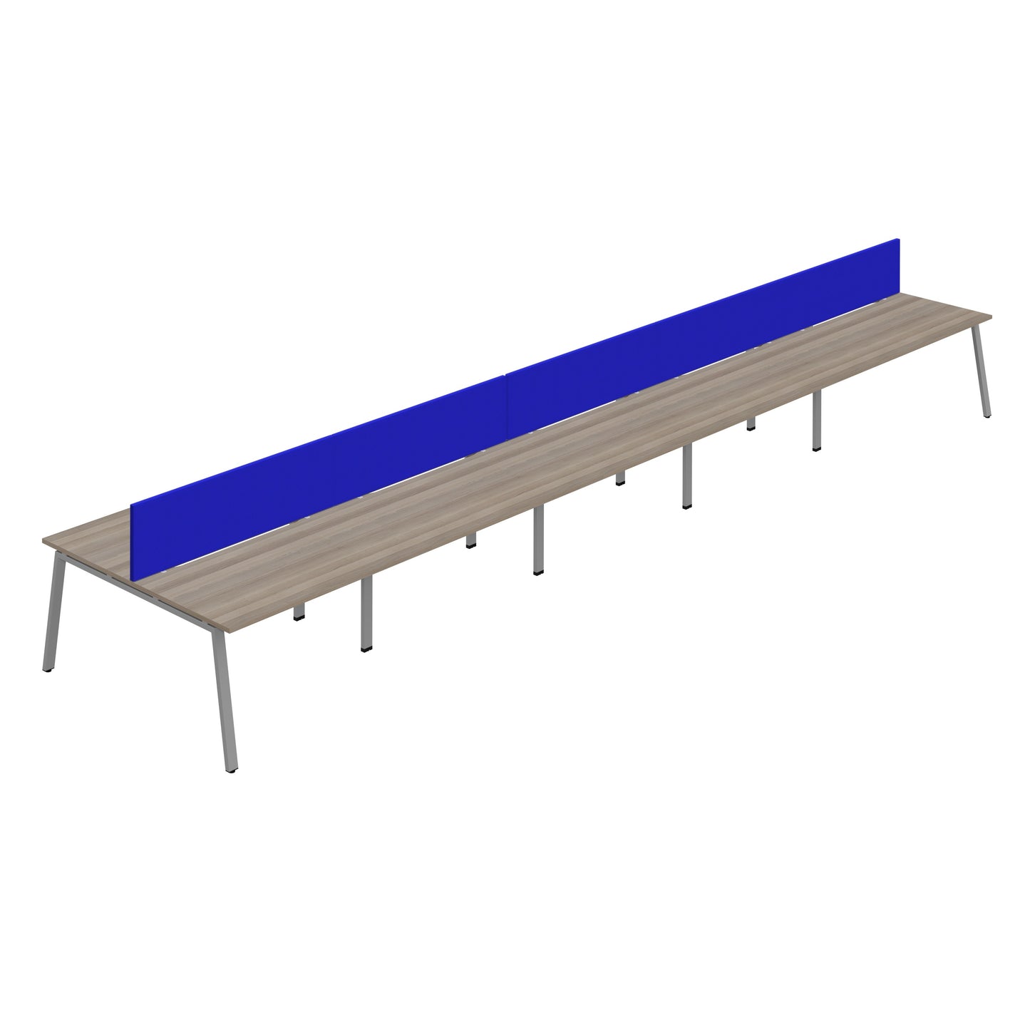 Synergy|10P Bench Desk|Cut Out|A-Frame|1600x800|Grey Oak-Silver|Royal Blue Screen