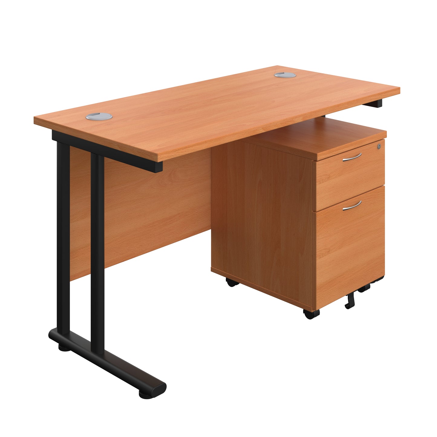 Aztec|Twin Upright|Rectangular Desk and Mobile 2 Drawer Pedestal|1200x600|Beech-Black