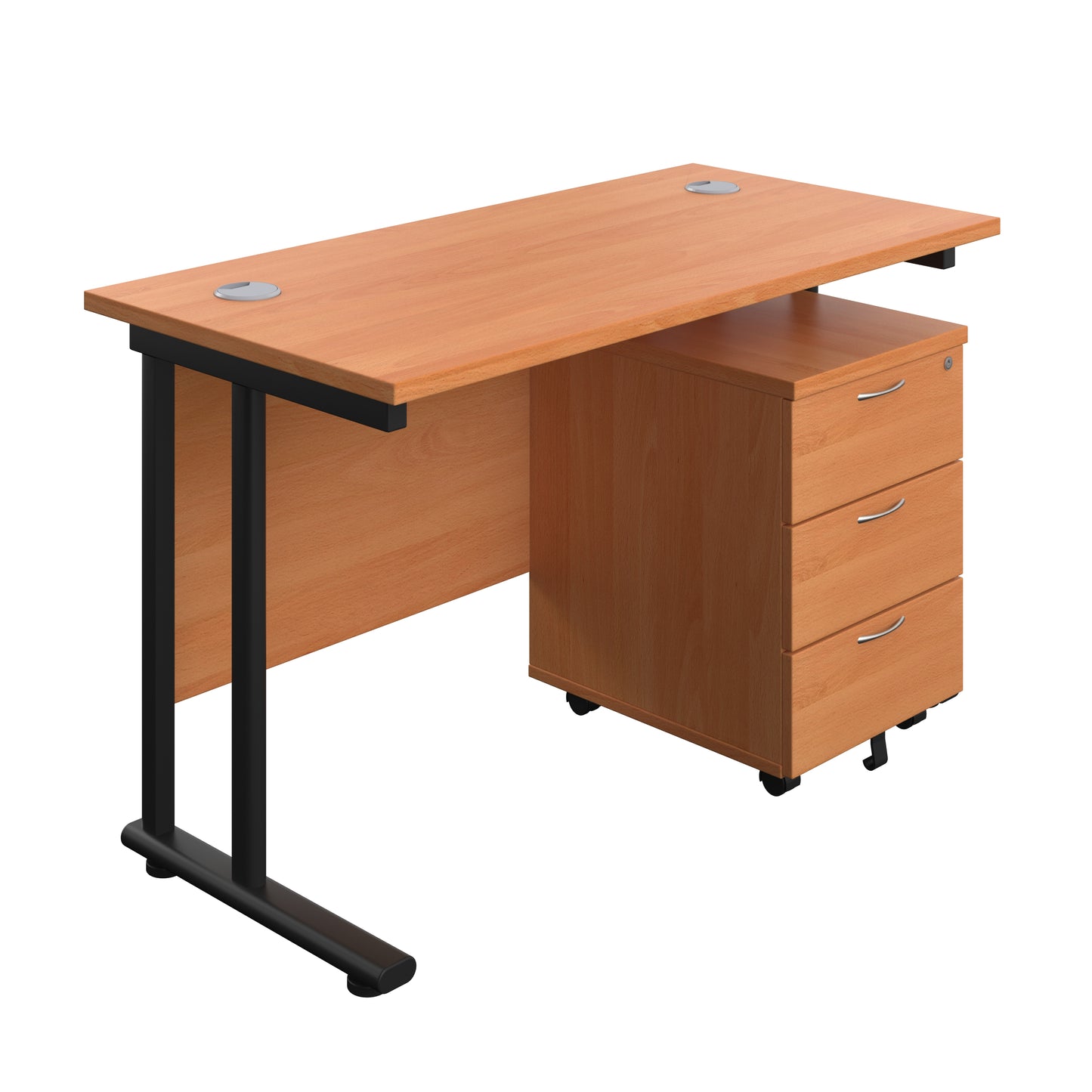 Aztec|Twin Upright|Rectangular Desk and Mobile 3 Drawer Pedestal|1200x600|Beech-Black