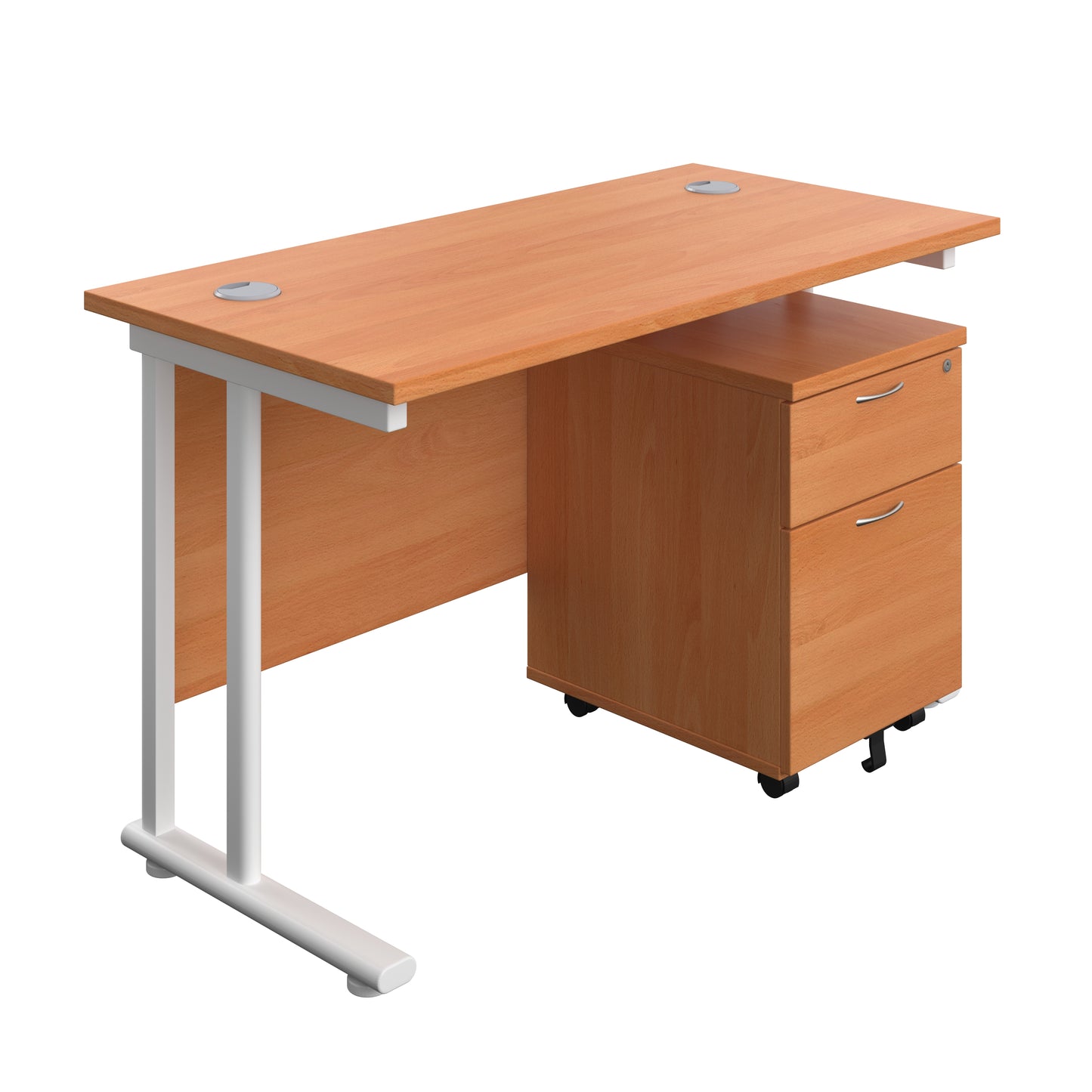 Aztec|Twin Upright|Rectangular Desk and Mobile 2 Drawer Pedestal|1200x600|Beech-White