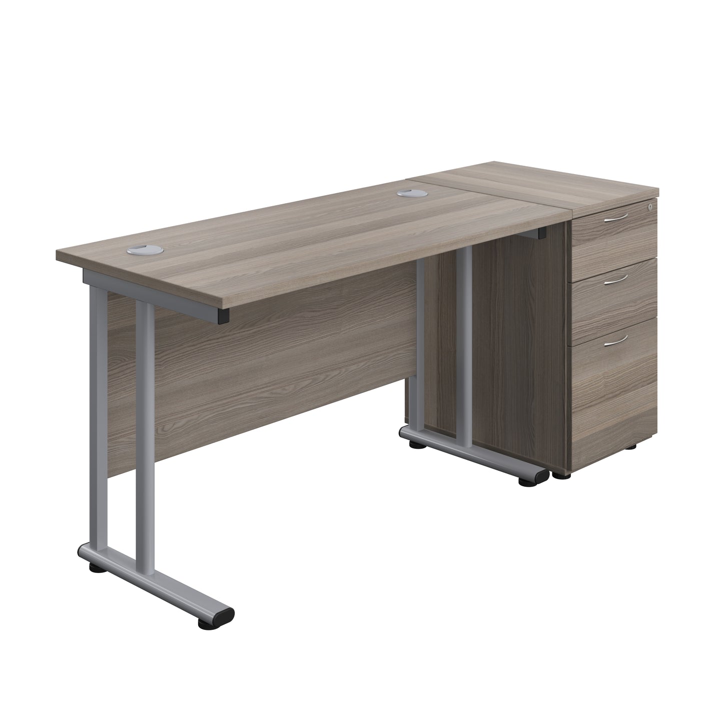 Aztec|Twin Upright|Rectangular Desk and Desk High 3 Drawer Pedestal|1200x600|Grey Oak-Silver