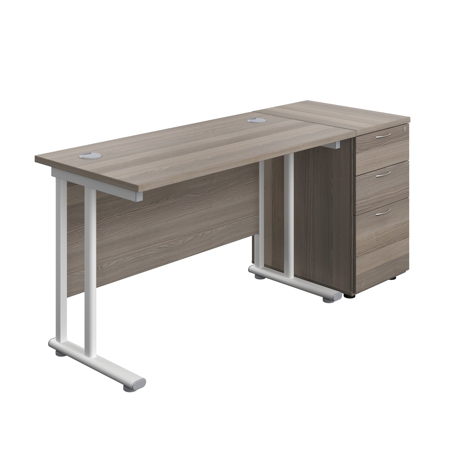 Aztec|Twin Upright|Rectangular Desk and Desk High 3 Drawer Pedestal|1200x600|Grey Oak-White