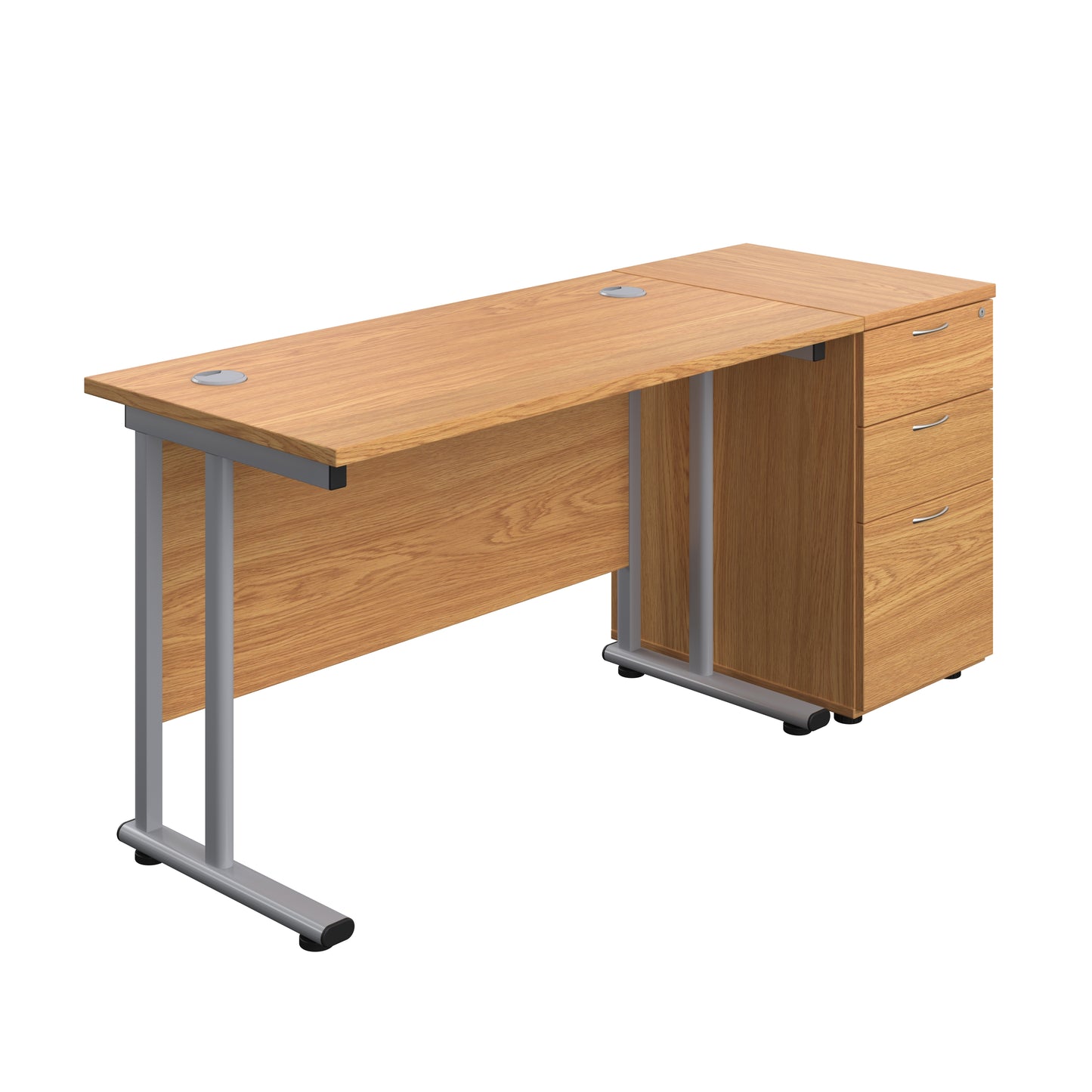 Aztec|Twin Upright|Rectangular Desk and Desk High 3 Drawer Pedestal|1200x600|Nova Oak-Silver