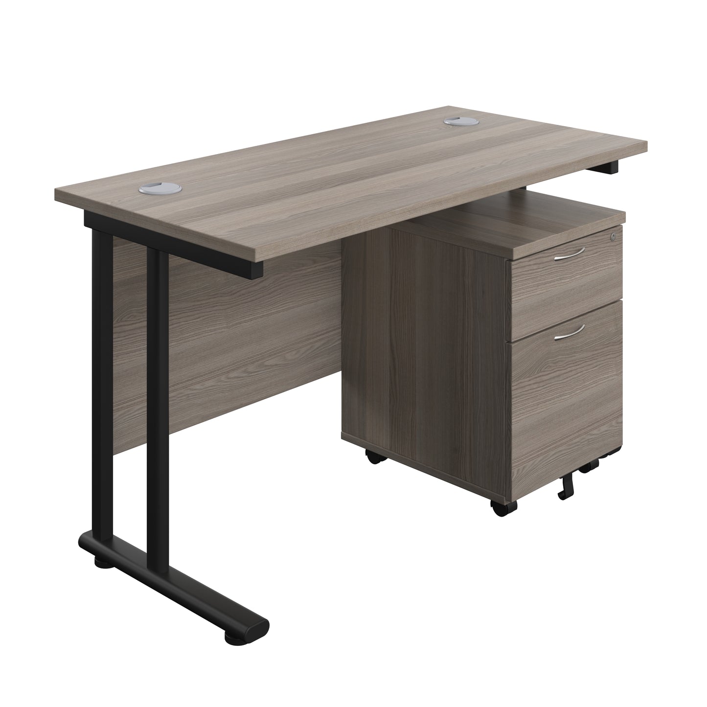 Aztec|Twin Upright|Rectangular Desk and Mobile 2 Drawer Pedestal|1200x600|Grey Oak-Black