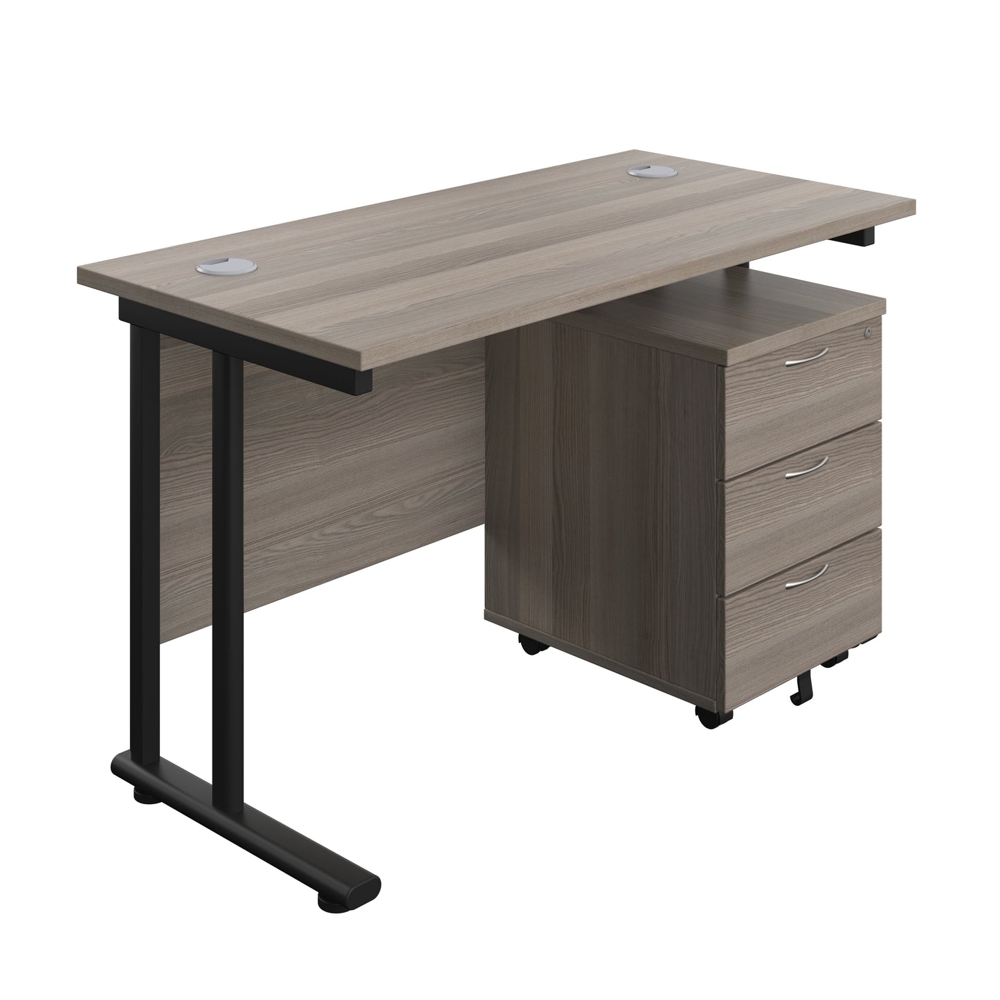 Aztec|Twin Upright|Rectangular Desk and Mobile 3 Drawer Pedestal|1200x600|Grey Oak-Black
