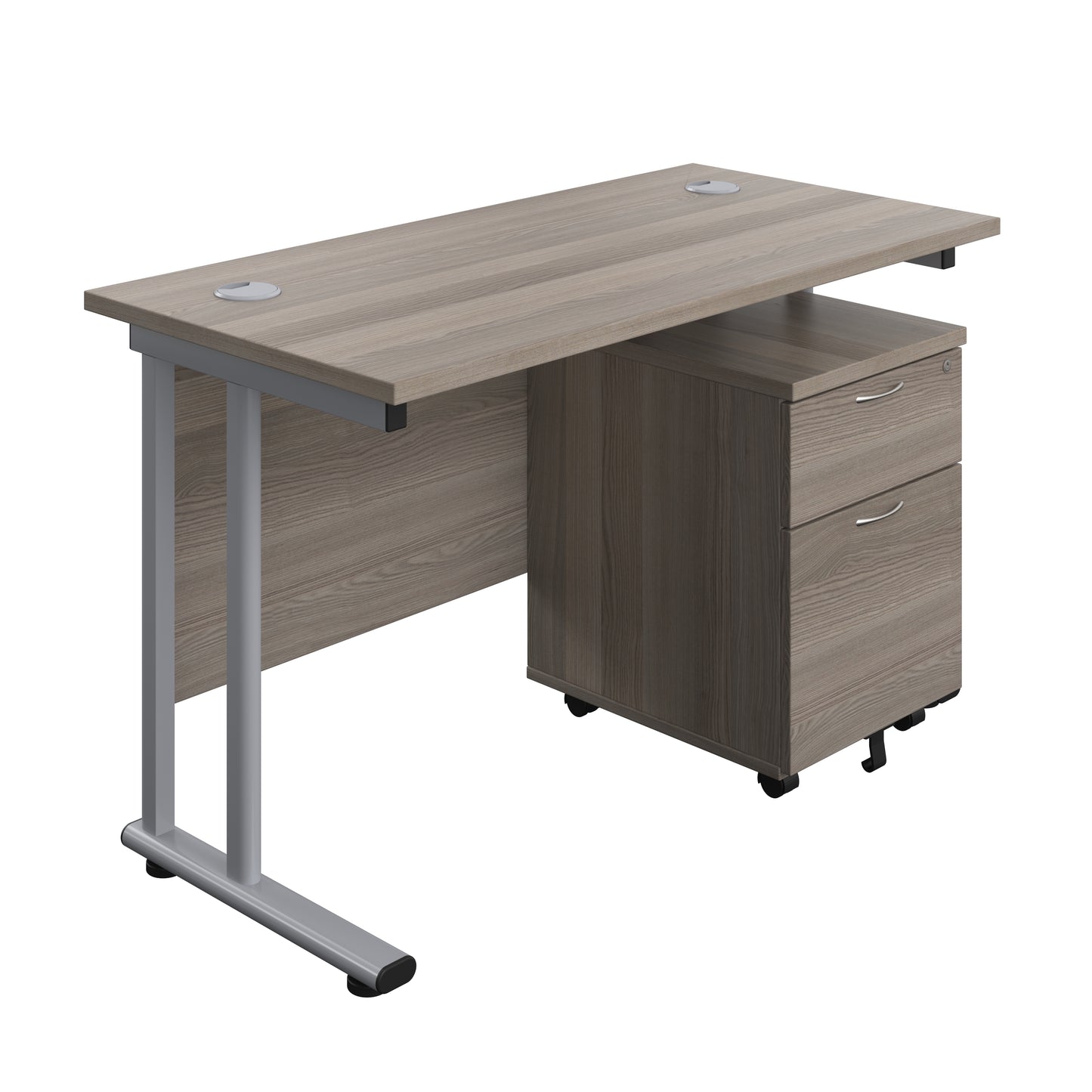 Aztec|Twin Upright|Rectangular Desk and Mobile 2 Drawer Pedestal|1200x600|Grey Oak-Silver