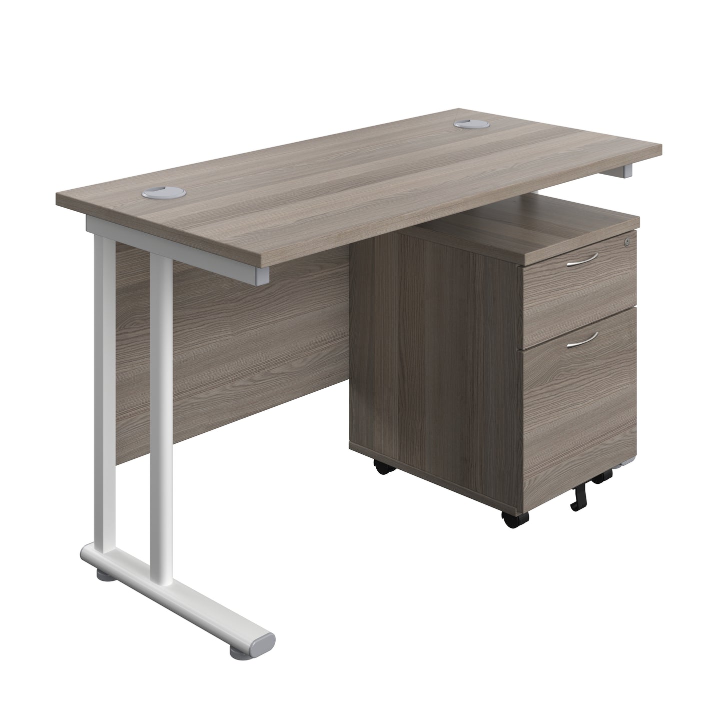 Aztec|Twin Upright|Rectangular Desk and Mobile 2 Drawer Pedestal|1200x600|Grey Oak-White