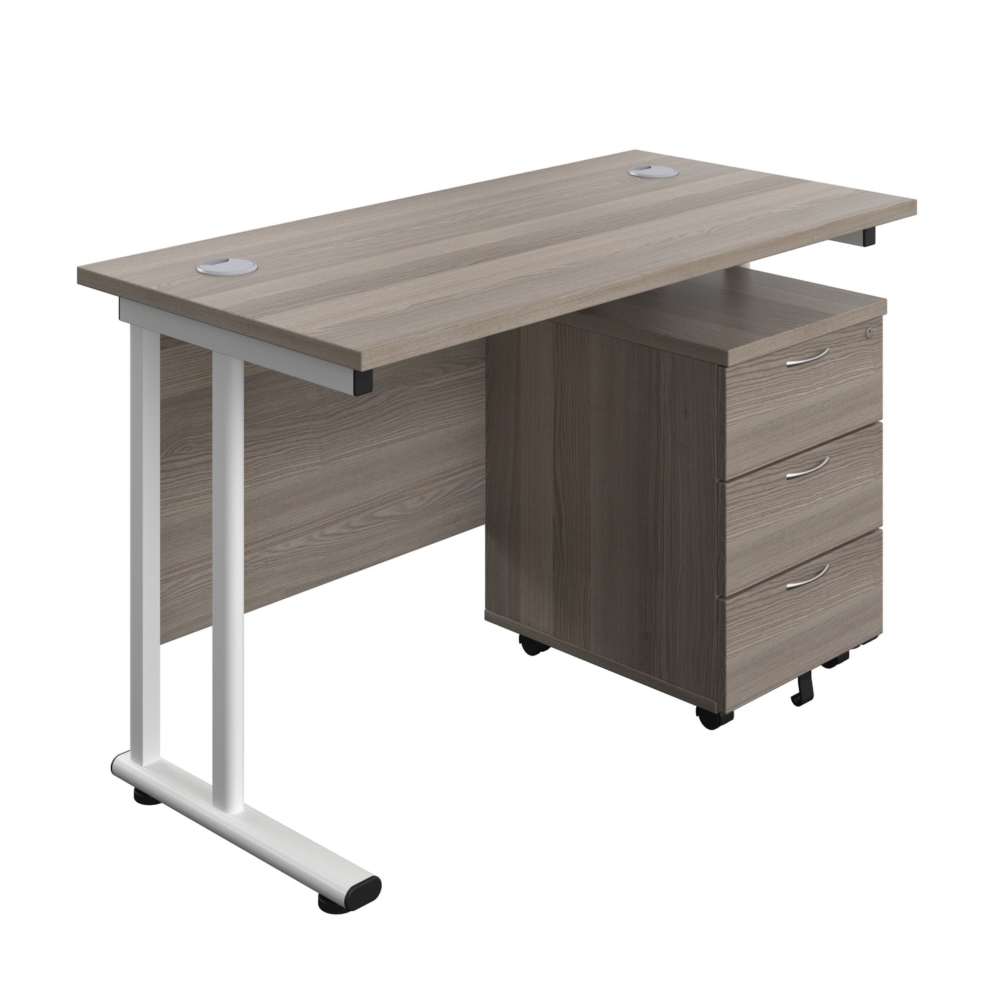 Aztec|Twin Upright|Rectangular Desk and Mobile 3 Drawer Pedestal|1200x600|Grey Oak-White