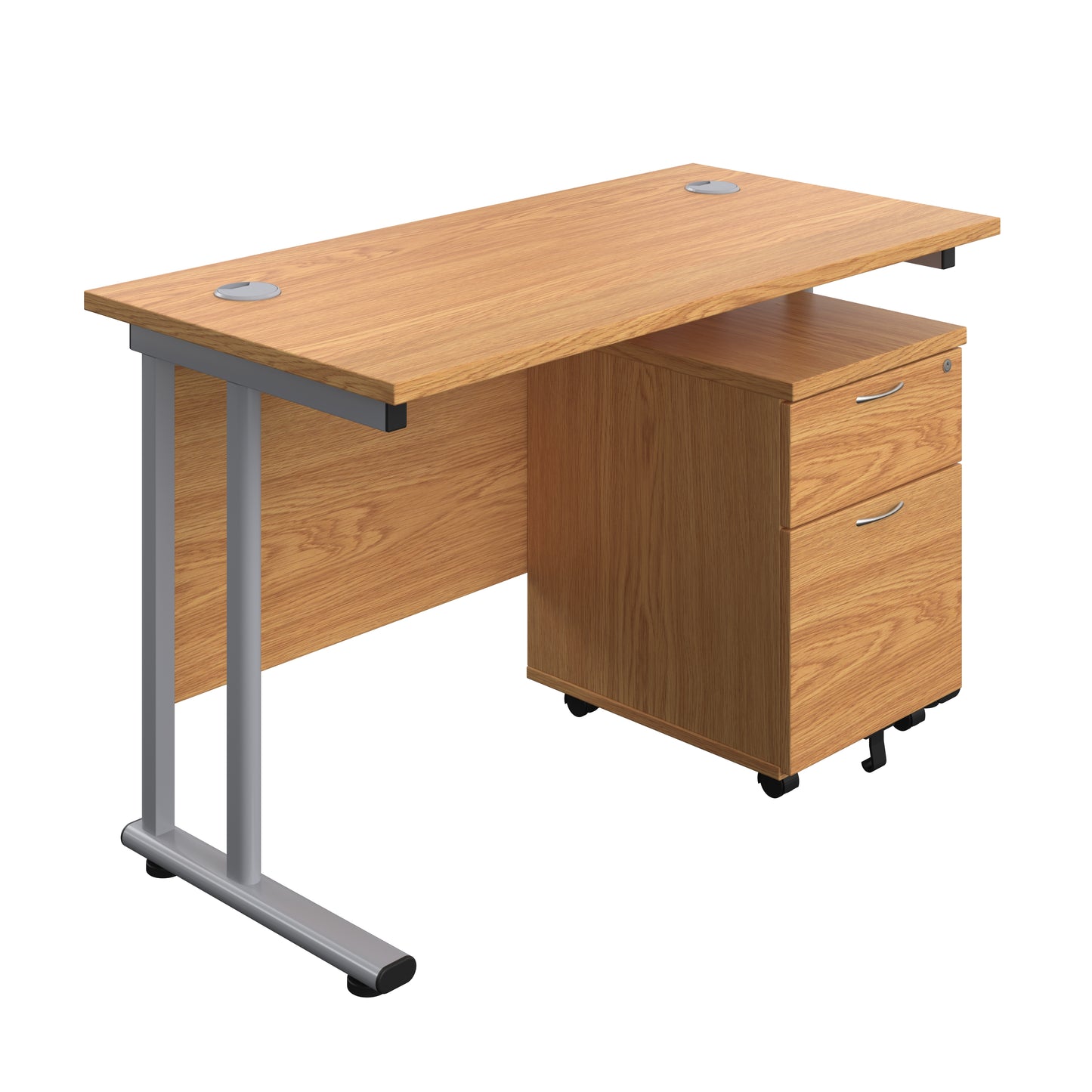 Aztec|Twin Upright|Rectangular Desk and Mobile 2 Drawer Pedestal|1200x600|Nova Oak-Silver