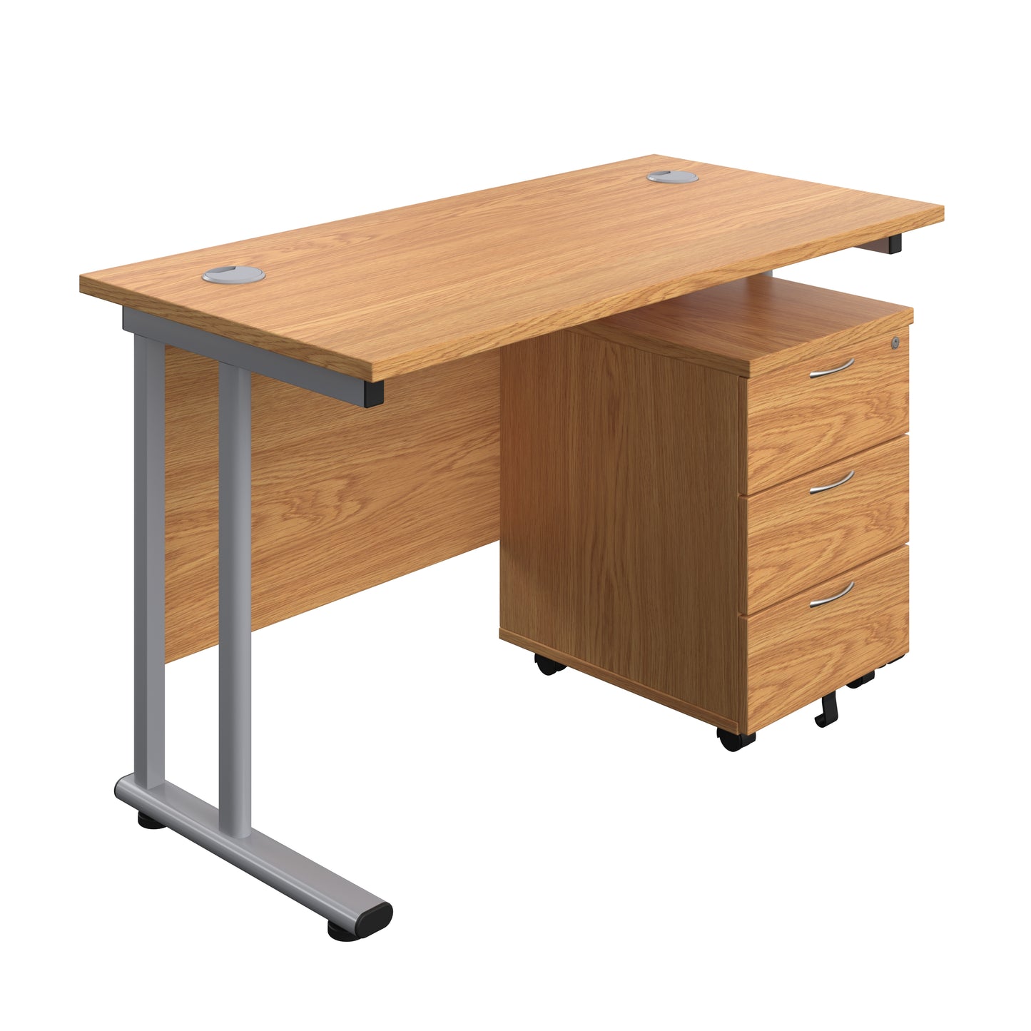 Aztec|Twin Upright|Rectangular Desk and Mobile 3 Drawer Pedestal|1200x600|Nova Oak-Silver