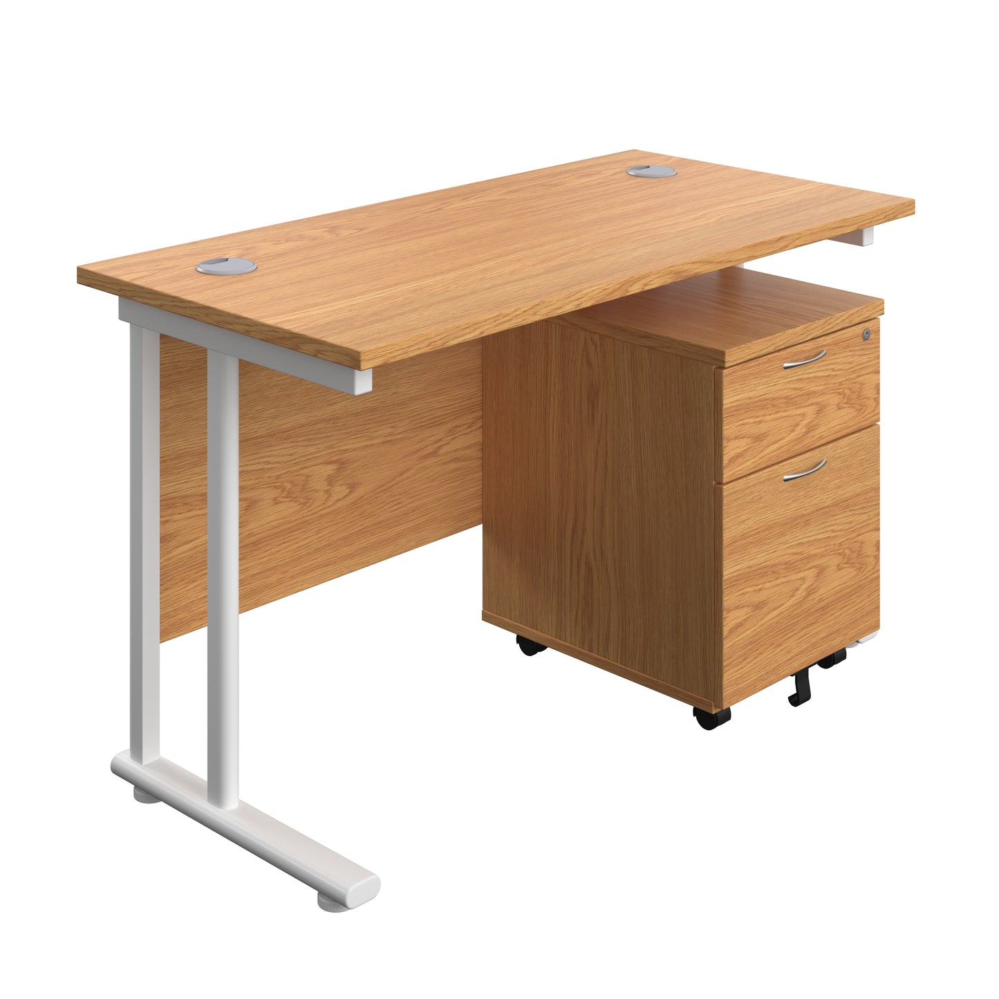 Aztec|Twin Upright|Rectangular Desk and Mobile 2 Drawer Pedestal|1200x600|Nova Oak-White