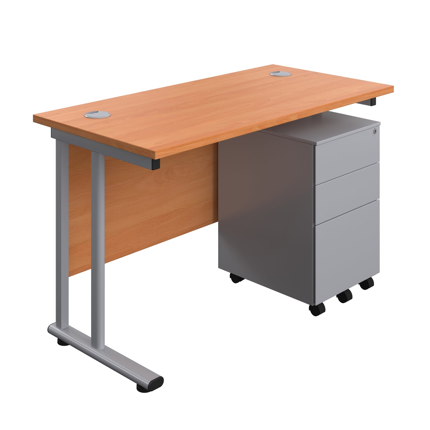 Aztec|Twin Upright|Rectangular Desk and Under Desk Steel Pedestal 3 Drawer|1200x600|Beech-Silver