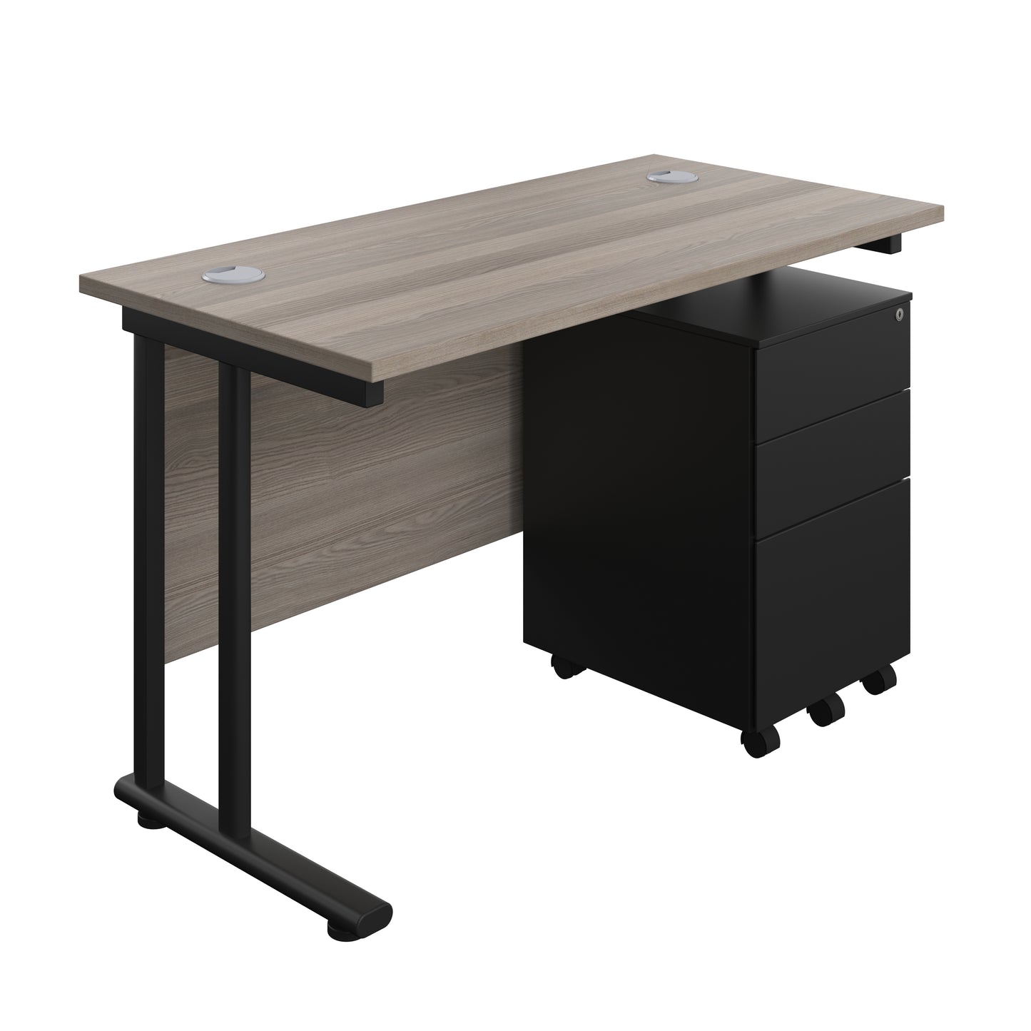 Aztec|Twin Upright|Rectangular Desk and Under Desk Steel Pedestal 3 Drawer|1200x600|Grey Oak-Black