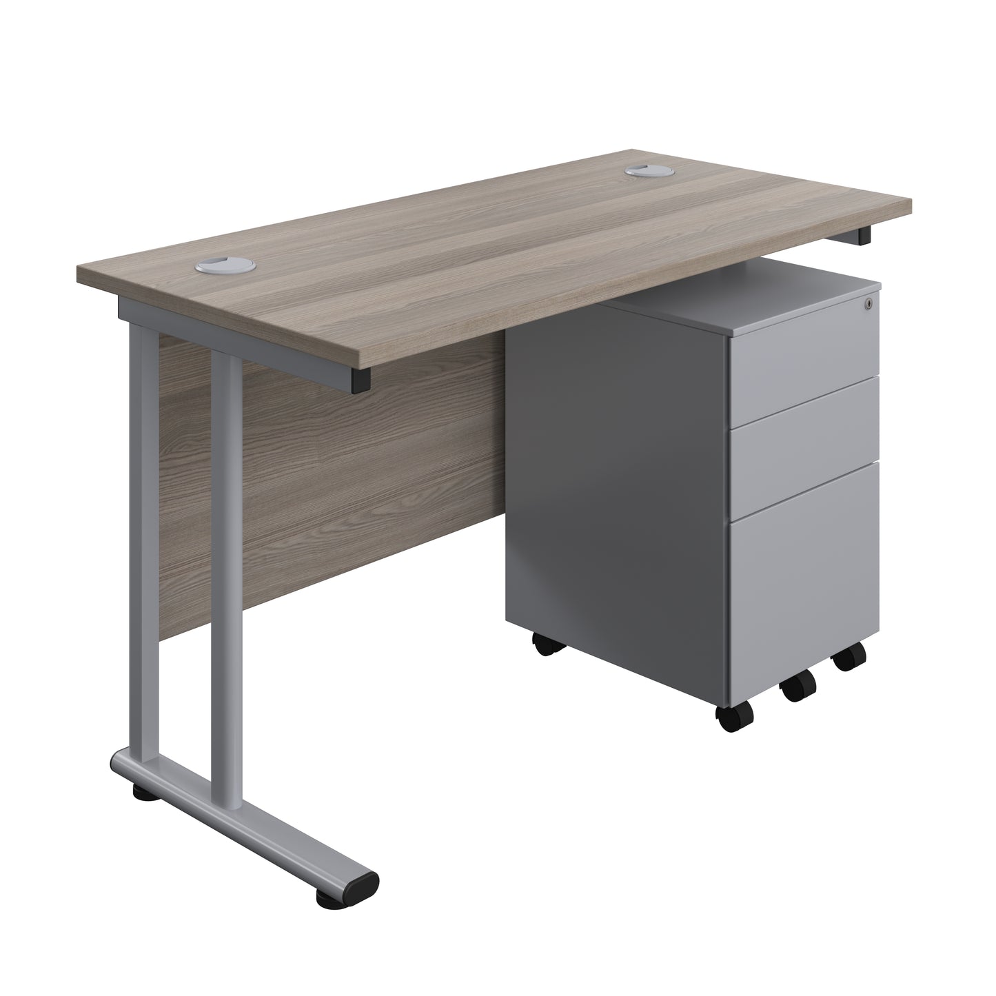 Aztec|Twin Upright|Rectangular Desk and Under Desk Steel Pedestal 3 Drawer|1200x600|Grey Oak-Silver