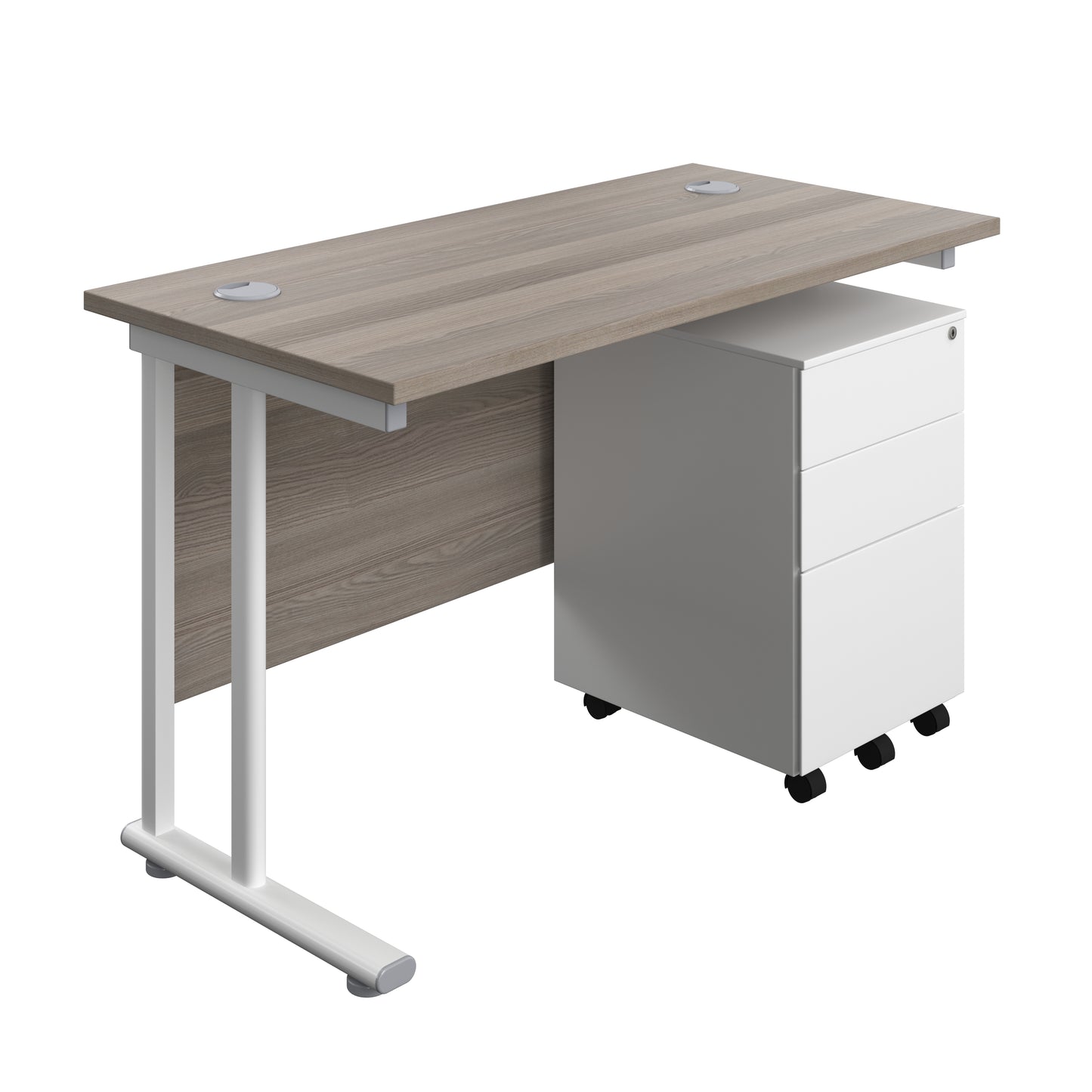 Aztec|Twin Upright|Rectangular Desk and Under Desk Steel Pedestal 3 Drawer|1200x600|Grey Oak-White