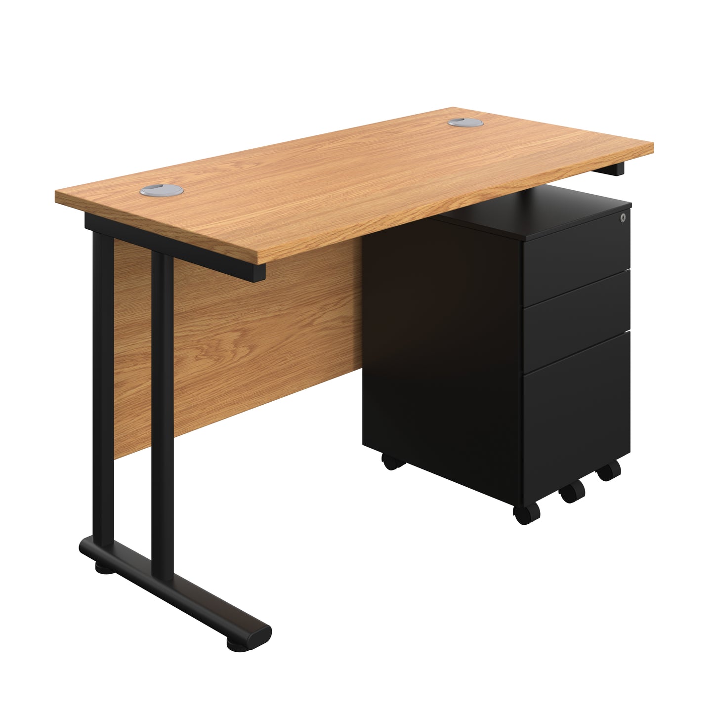 Aztec|Twin Upright|Rectangular Desk and Under Desk Steel Pedestal 3 Drawer|1200x600|Nova Oak-Black