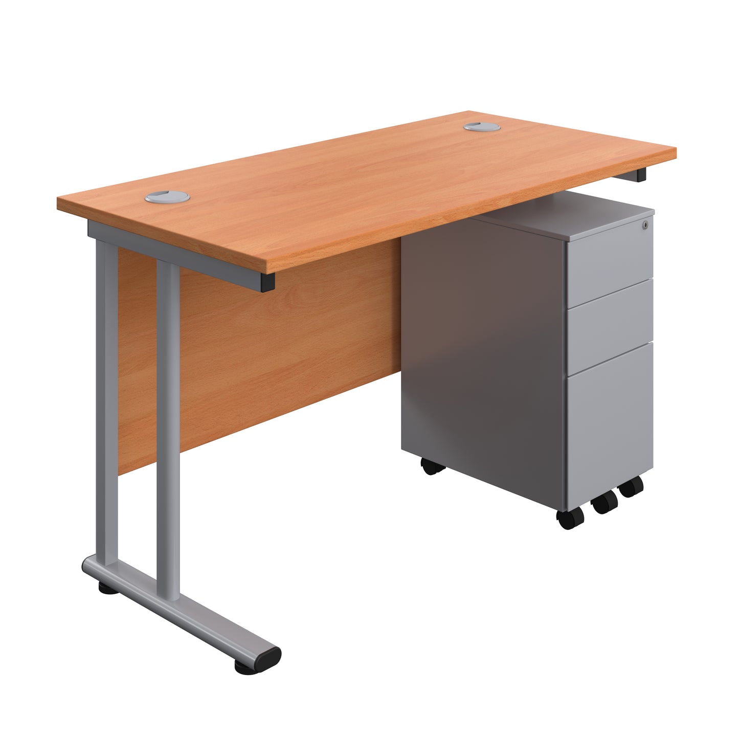 Aztec|Twin Upright|Rectangular Desk and Slimline Steel Pedestal 3 Drawer|1200x600|Beech-Silver