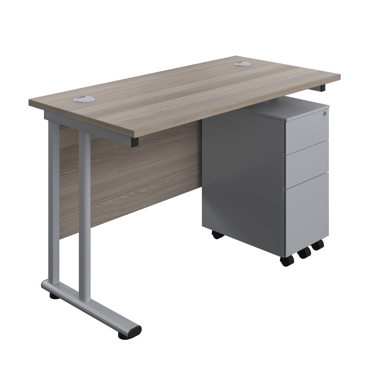 Aztec|Twin Upright|Rectangular Desk and Slimline Steel Pedestal 3 Drawer|1200x600|Grey Oak-Silver