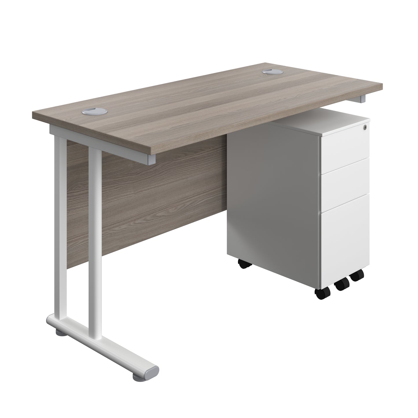 Aztec|Twin Upright|Rectangular Desk and Slimline Steel Pedestal 3 Drawer|1200x600|Grey Oak-White