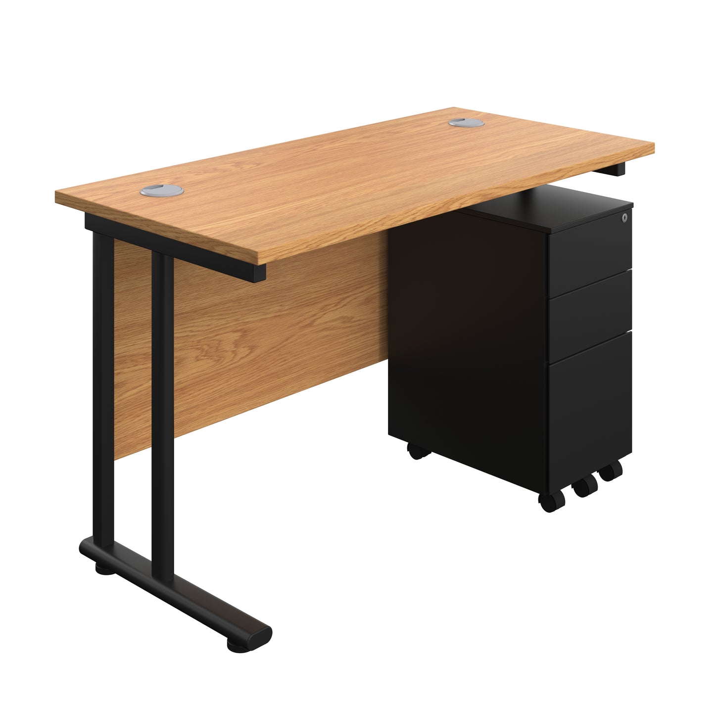 Aztec|Twin Upright|Rectangular Desk and Slimline Steel Pedestal 3 Drawer|1200x600|Nova Oak-Black