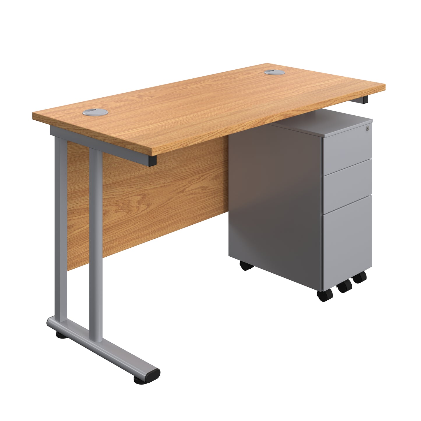 Aztec|Twin Upright|Rectangular Desk and Slimline Steel Pedestal 3 Drawer|1200x600|Nova Oak-Silver