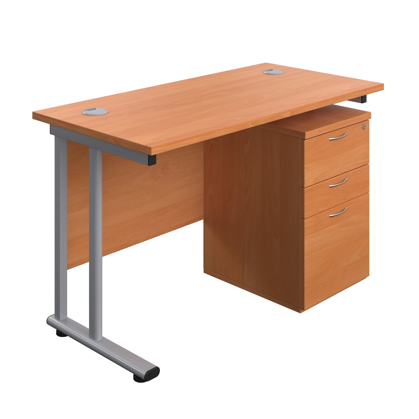 Aztec|Twin Upright|Rectangular Desk and High Mobile Pedestal 3 Drawer|1200x600|Beech-Silver