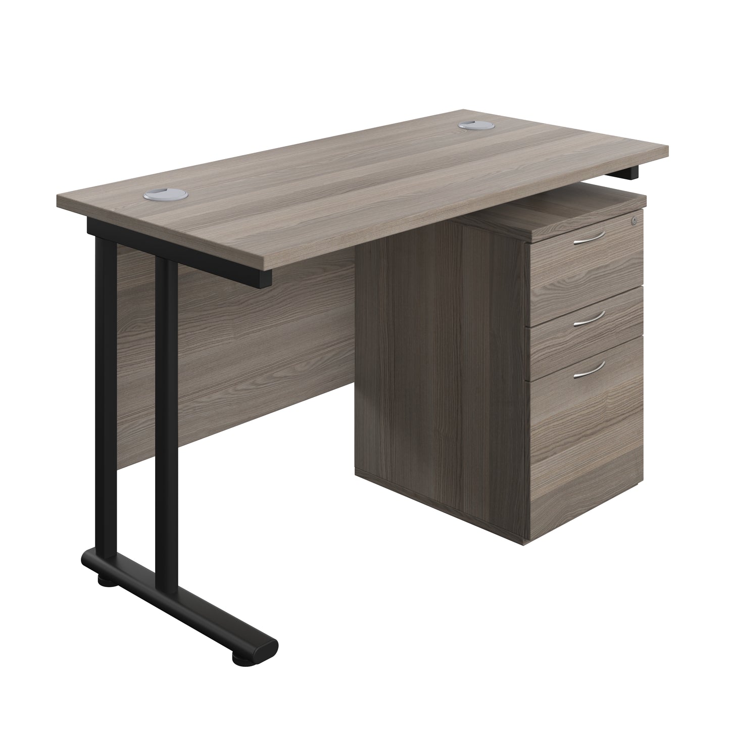Aztec|Twin Upright|Rectangular Desk and High Mobile Pedestal 3 Drawer|1200x600|Grey Oak-Black