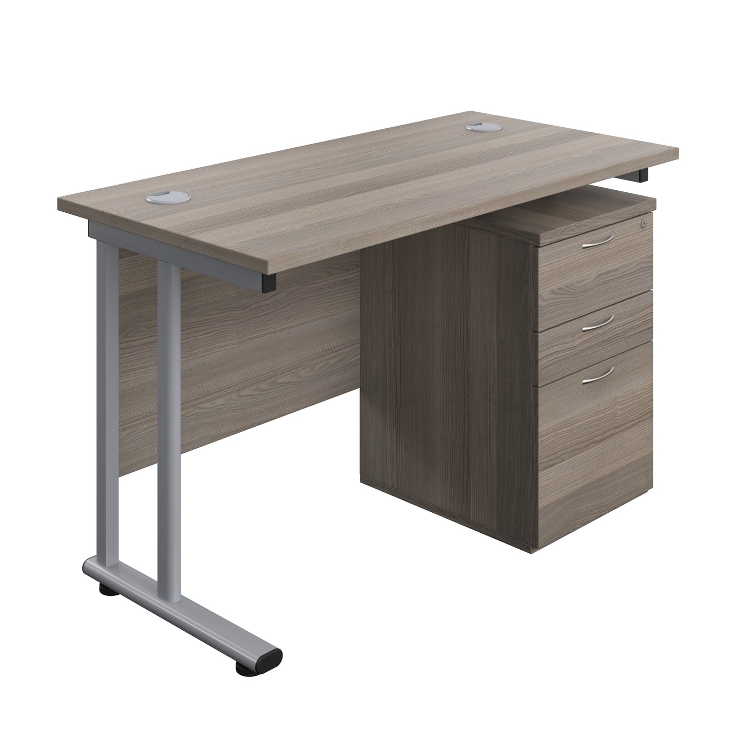 Aztec|Twin Upright|Rectangular Desk and High Mobile Pedestal 3 Drawer|1200x600|Grey Oak-Silver