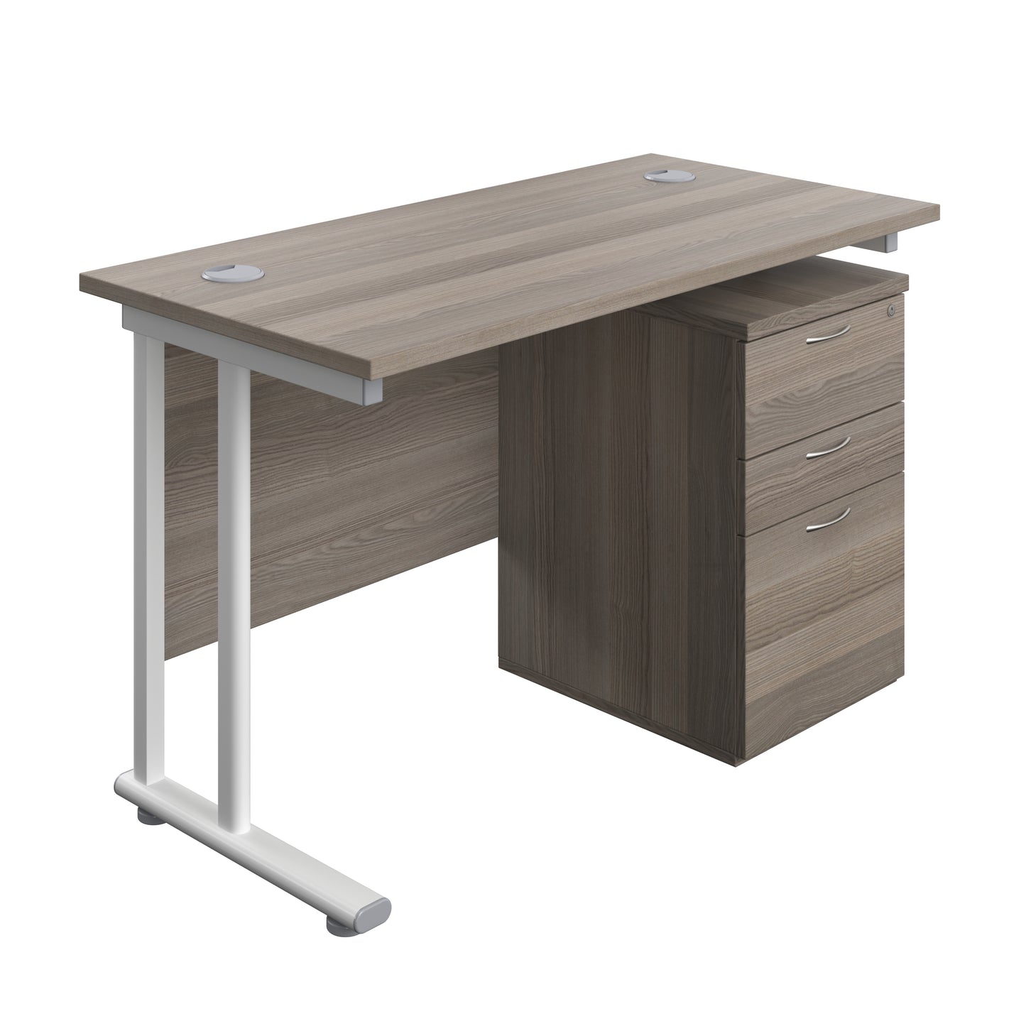 Aztec|Twin Upright|Rectangular Desk and High Mobile Pedestal 3 Drawer|1200x600|Grey Oak-White