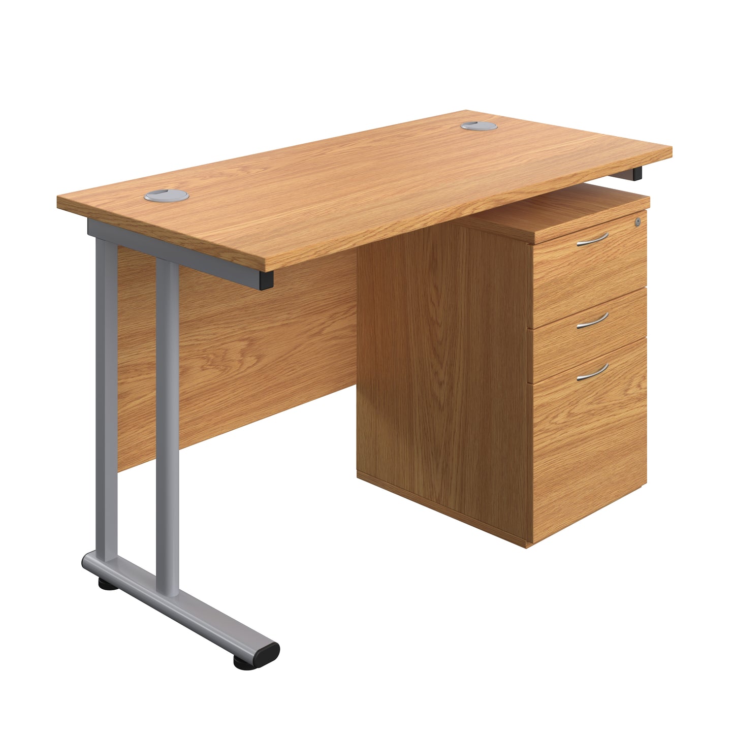 Aztec|Twin Upright|Rectangular Desk and High Mobile Pedestal 3 Drawer|1200x600|Nova Oak-Silver