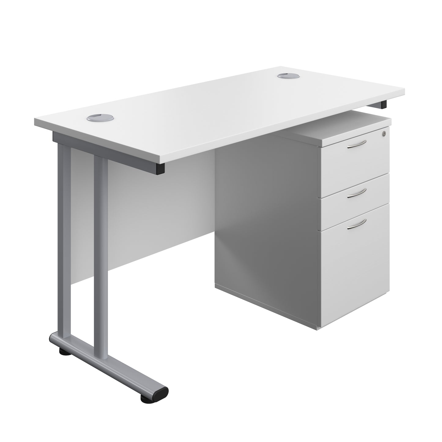 Aztec|Twin Upright|Rectangular Desk and High Mobile Pedestal 3 Drawer|1200x600|White-Silver