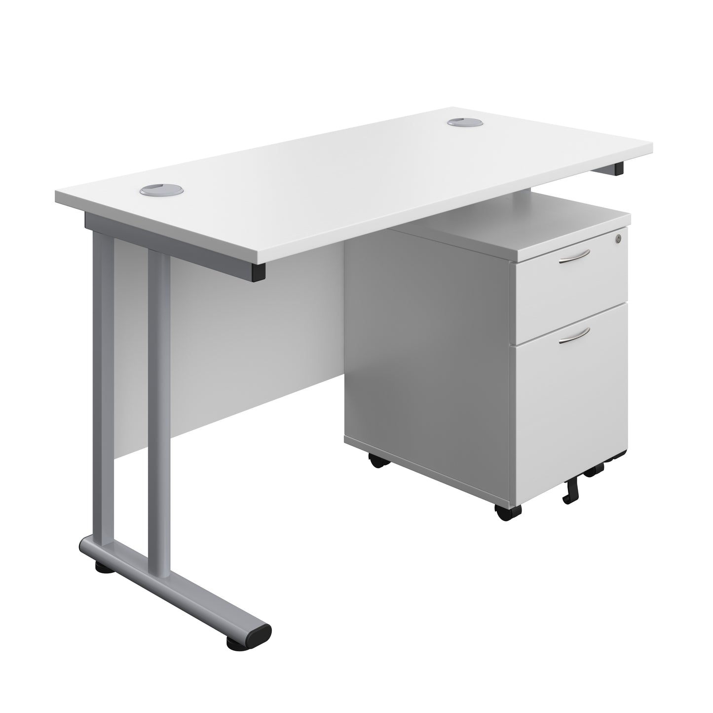 Aztec|Twin Upright|Rectangular Desk and Mobile 2 Drawer Pedestal|1200x600|White-Silver