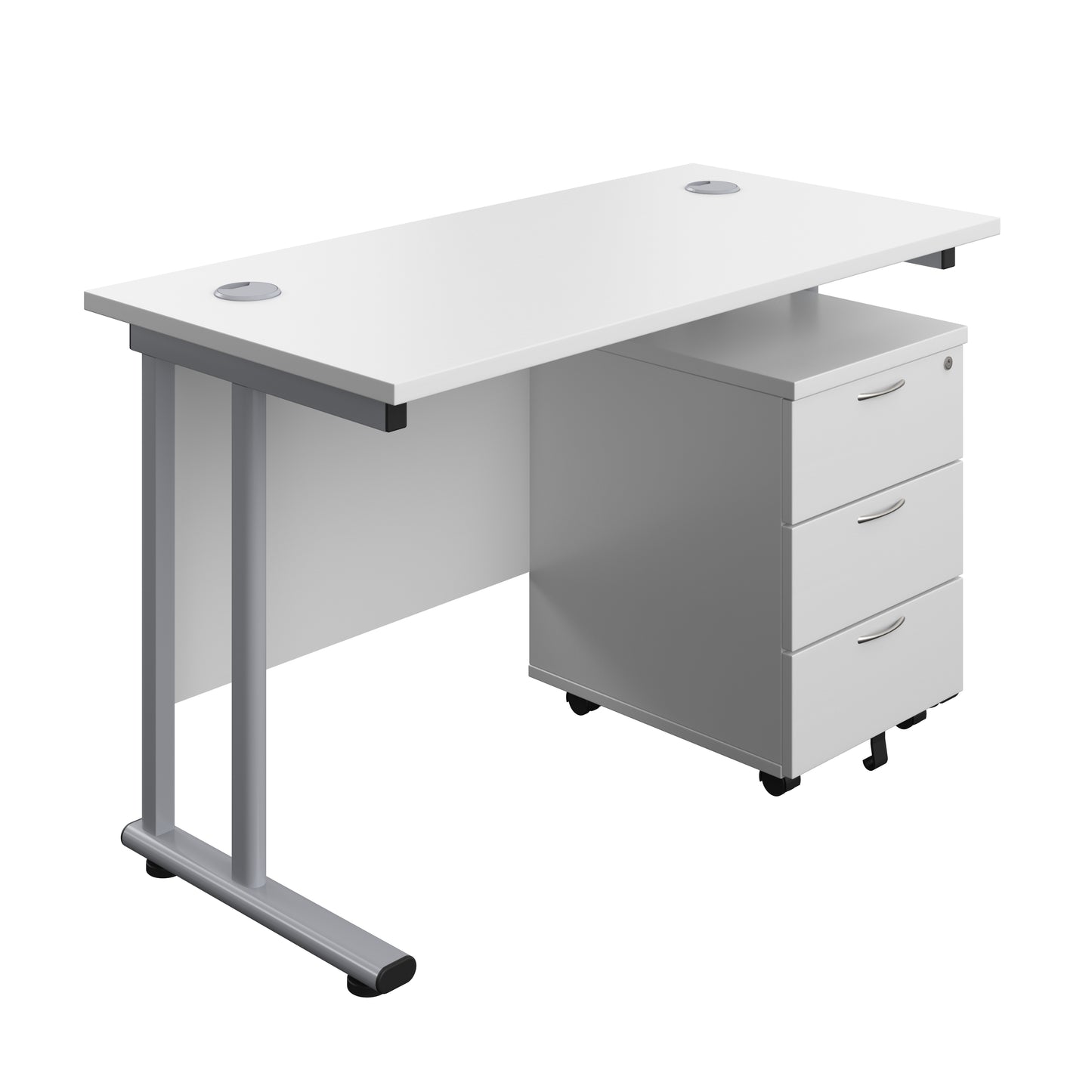 Aztec|Twin Upright|Rectangular Desk and Mobile 3 Drawer Pedestal|1200x600|White-Silver