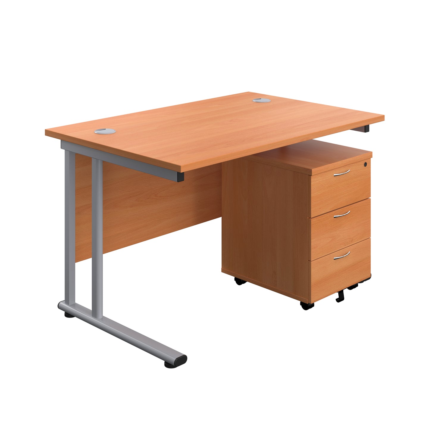 Aztec|Twin Upright|Rectangular Desk and Mobile 3 Drawer Pedestal|1200x800|Beech-Silver