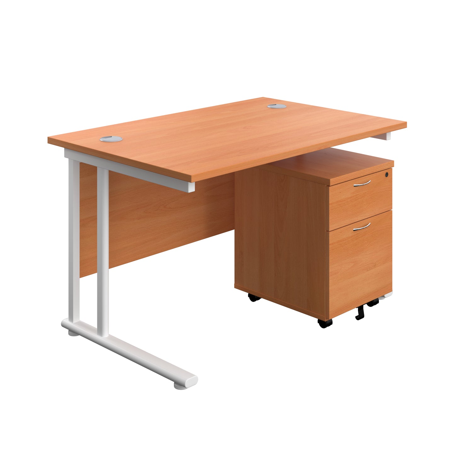 Aztec|Twin Upright|Rectangular Desk and Mobile 2 Drawer Pedestal|1200x800|Beech-White