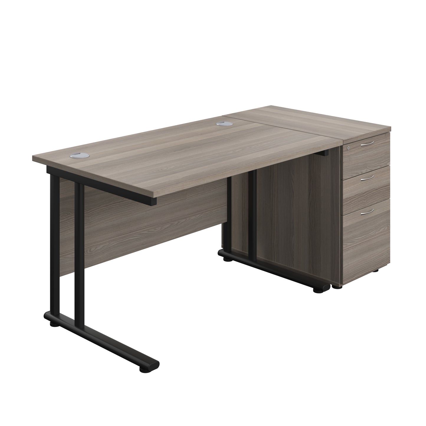Aztec|Twin Upright|Rectangular Desk and Desk High 3 Drawer Pedestal|1200x800|Grey Oak-Black