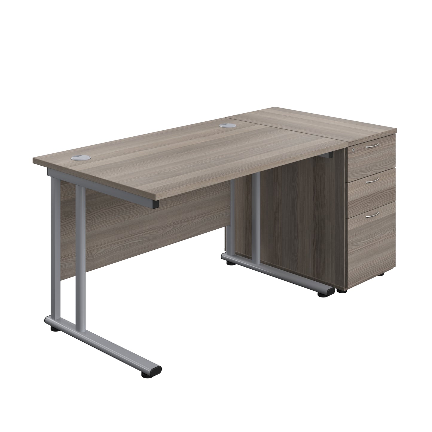 Aztec|Twin Upright|Rectangular Desk and Desk High 3 Drawer Pedestal|1200x800|Grey Oak-Silver