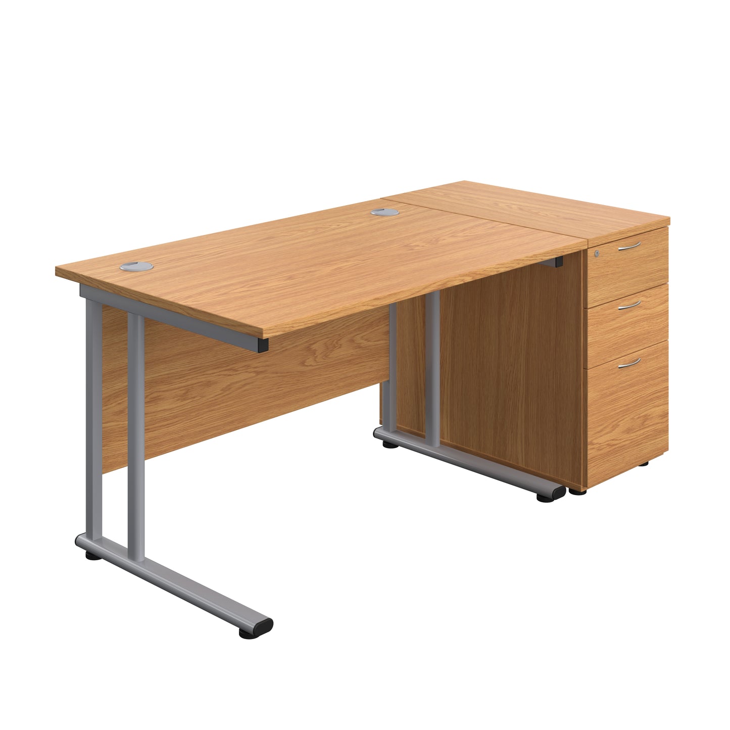 Aztec|Twin Upright|Rectangular Desk and Desk High 3 Drawer Pedestal|1200x800|Nova Oak-Silver