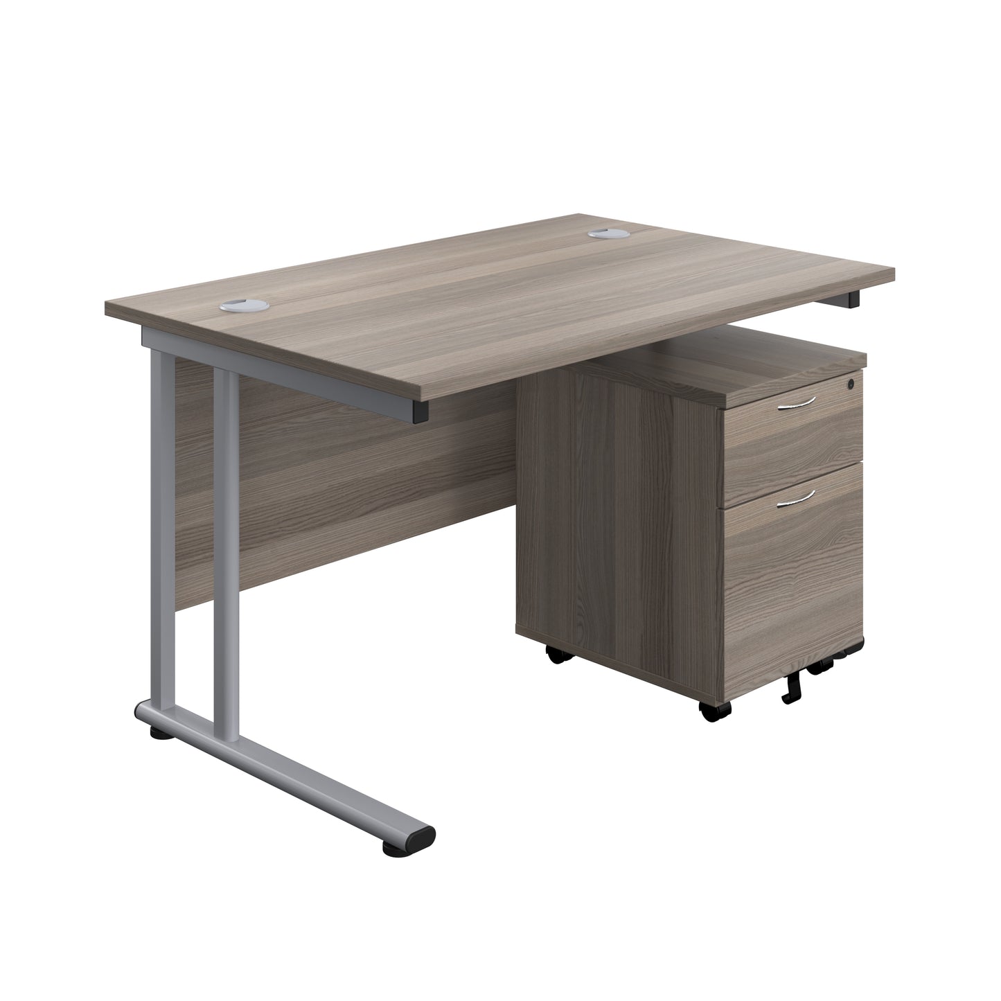 Aztec|Twin Upright|Rectangular Desk and Mobile 2 Drawer Pedestal|1200x800|Grey Oak-Silver